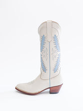 White Embroidered Pointy Wide Mid Calf Western Boot With Blue Inlay